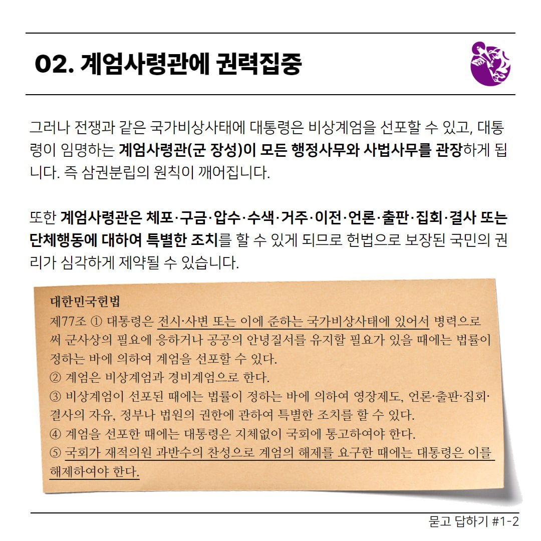 청소년과 함께하는 탄핵 : 첫번째 질문 ❛비상계엄❜이 무엇인가요? 묻고 답하기 #1-2 ​​​​  02. 계엄사령관에 권력집중  그러나 전쟁과 같은 국가비상사태에 대통령은 비상계엄을 선포할 수 있고, 대통령이 임명하는 계엄사령관(군 장성)이 모든 행정사무와 사법사무를 관장하게 됩니다. 즉 삼권분립의 원칙이 깨어집니다.  또한 계엄사령관은 체포·구금·압수·수색·거주·이전·언론·출판·집회·결사 또는 단체행동에 대하여 특별한 조치를 할 수 있게 되므로 헌법으로 보장된 국민의 권리가 심각하게 제약될 수 있습니다.   대한민국헌법 제77조 ① 대통령은 전시·사변 또는 이에 준하는 국가비상사태에 있어서 병력으로써 군사상의 필요에 응하거나 공공의 안녕질서를 유지할 필요가 있을 때에는 법률이 정하는 바에 의하여 계엄을 선포할 수 있다. ② 계엄은 비상계엄과 경비계엄으로 한다. ③ 비상계엄이 선포된 때에는 법률이 정하는 바에 의하여 영장제도, 언론·출판·집회·결사의 자유, 정부나 법원의 권한에 관하여 특별한 조치를 할 수 있다. ④ 계엄을 선포한 때에는 대통령은 지체없이 국회에 통고하여야 한다. ⑤ 국회가 재적의원 과반수의 찬성으로 계엄의 해제를 요구한 때에는 대통령은 이를 해제하여야 한다.